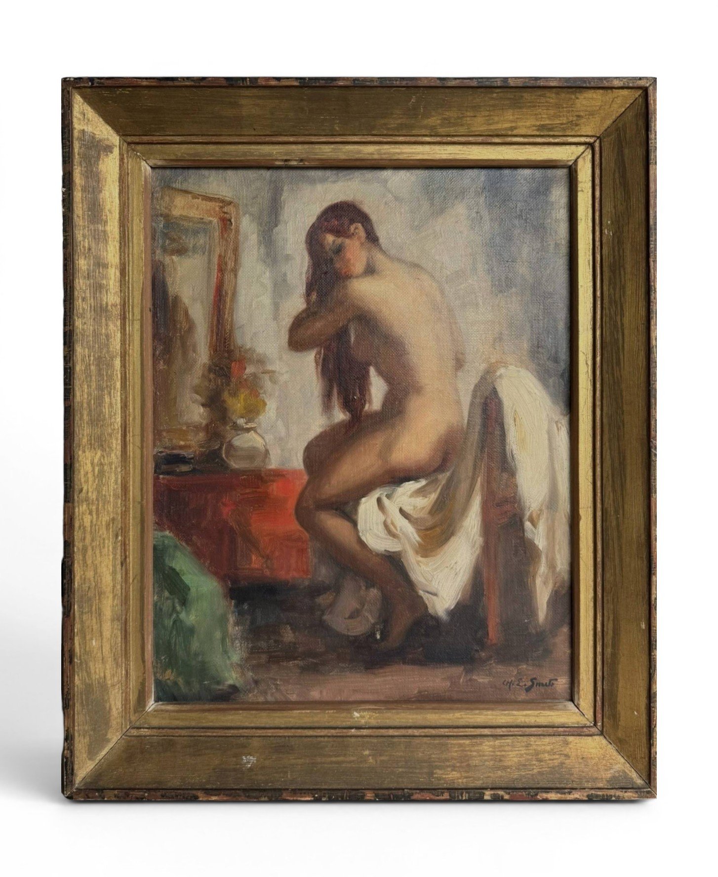 Nude Woman in front of the mirror Vintage oil painting by Charles Ernest Smets (1909–1987)